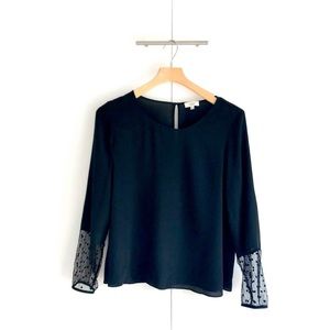 NWOT Aritzia Wilfred Black Silk Top with Polka Dot Sheer Sleeves